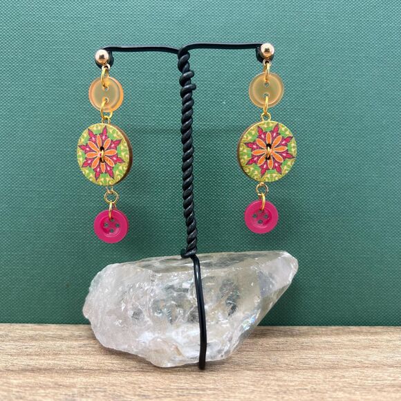 Upcycled Wooden Button Earring-Handmade-Hypoallergenic-Reclaimed Jewelry, Boho - Picture 1 of 7